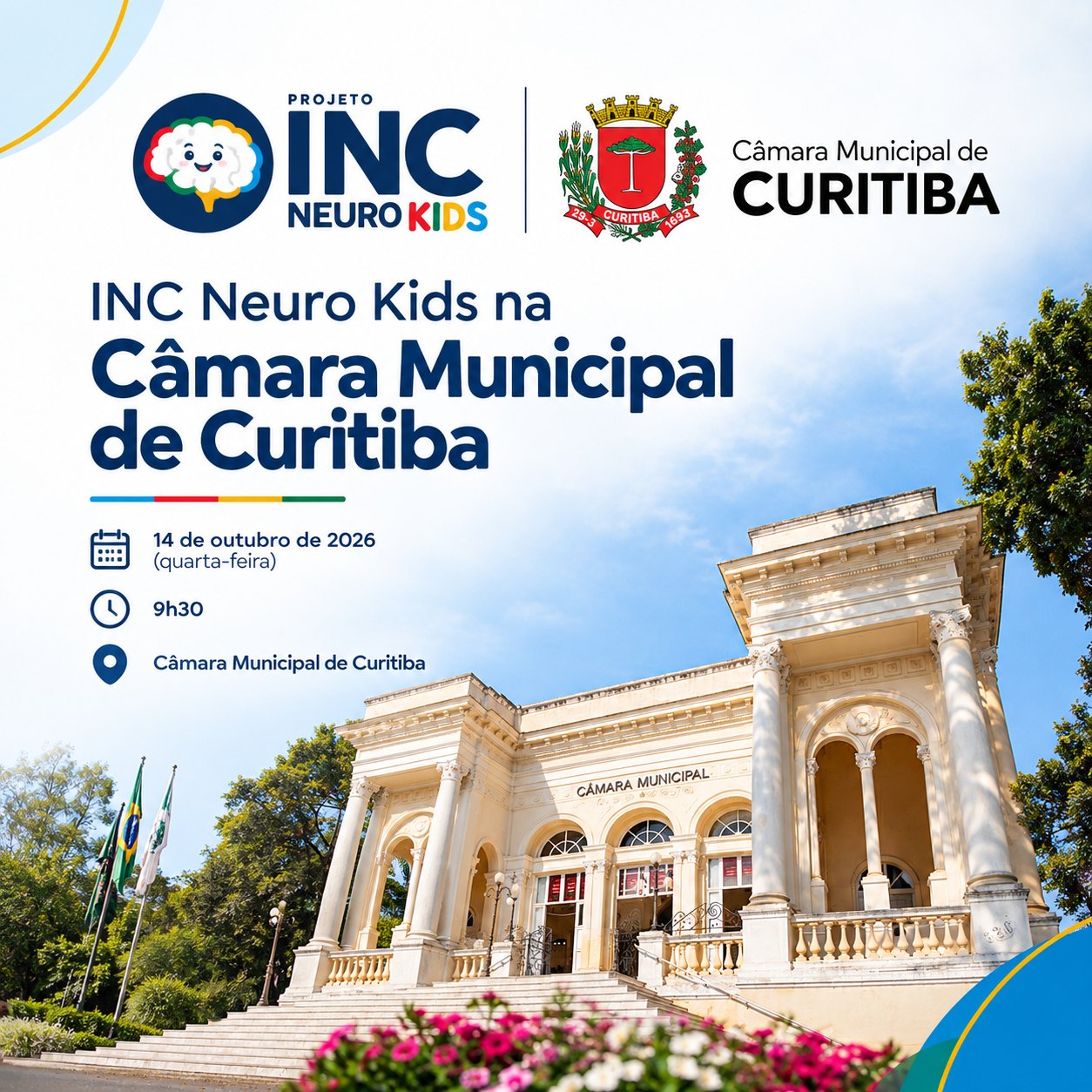Arte de divulgação: INC Neuro Kids na Câmara Municipal de Curitiba, 14 de outubro de 2026